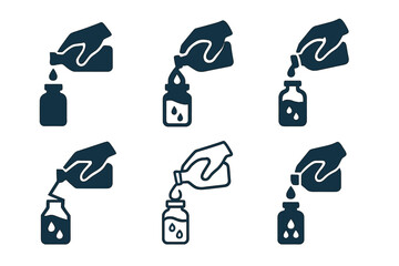 Water Bottle Logos. Refilling a water bottle. Set Logo of Refilling a water bottle: hand pouring water into bottle. Icon set. harmonious logo variations of the