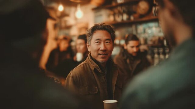 Smiling man enjoys warm atmosphere in a cozy cafe during an evening gathering with friends