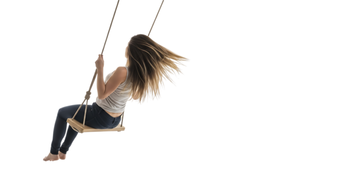 Woman with flowing blonde hair on a wooden swing with rope supports isolated on a transparent background