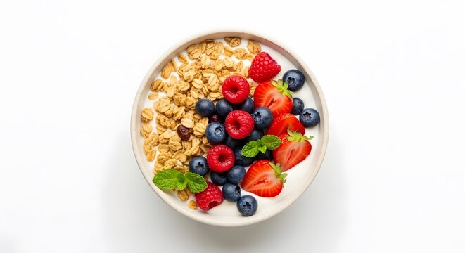 Healthy yogurt bowl with granola and fresh berries for breakfast or snack time