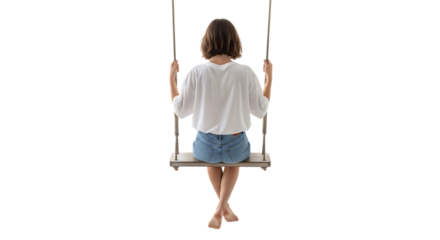 Woman in white t-shirt and denim shorts sitting on a wooden swing with rope handles isolated on a transparent background