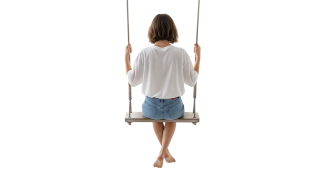 Woman in white t-shirt and denim shorts sitting on a wooden swing with rope handles isolated on a transparent background