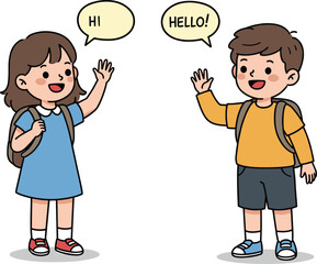 Cute boy and girl greeting each other with hi and hello speech bubbles, friendship communication and school life concept, flat vector illustration