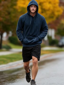 Young man walking in a hoodie and shorts on a rainy autumn day in a neighborhood with colorful trees