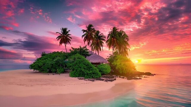A vivid tropical sunset over a serene seascape with a sandy beach and clear turquoise waters. The sky is painted in a gradient of pink and purple hues.