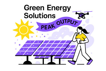 Obraz premium Solar Energy Harmony. Green Energy Solutions ? Solar Farm. Sunlit panels tilt in a neat grid; a tiny drone inspects rows while a banner says ?Peak Output.?