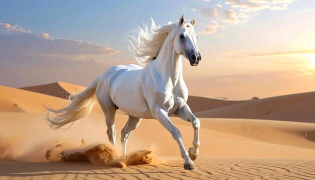 A majestic white stallion gallops across a vast desert landscape at sunset
