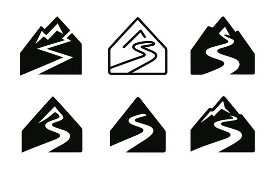 Mountain Road Logos. Mountain pass road. Set Logo of Mountain pass road: switchback hairpin. harmonious logo variations of the same emblematic concept, each