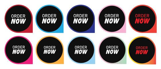 Order Now label button set in colorful gradient design modern vector tag collection for online store promotions, marketing banners, e-commerce ads, and digital sales campaigns