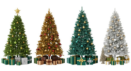 Four distinct Christmas trees bringing festive joy with a green golden teal and silver color on transparent background