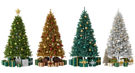 Four distinct Christmas trees bringing festive joy with a green golden teal and silver color on transparent background