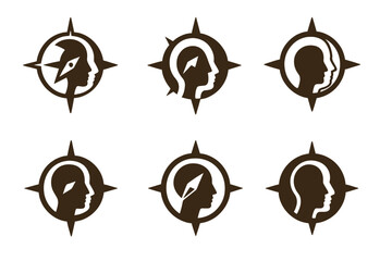 Fototapeta premium Personalized Coaching Logos. Personalized career coaching. Set Logo of personalized career coaching: compass merged with a human profile. Icon set. harmonious