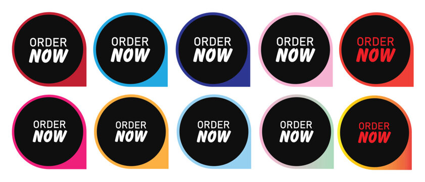 Order Now label button set in colorful gradient design modern vector tag collection for online store promotions, marketing banners, e-commerce ads, and digital sales campaigns