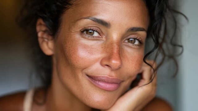 Smiling woman with curly hair enjoys a moment of joy in a bright room during afternoon sunlight