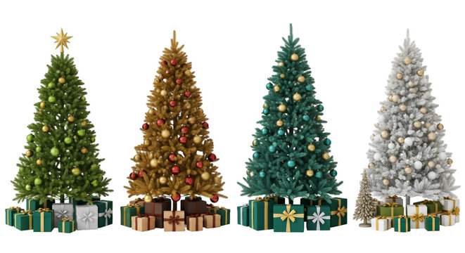 Four distinct Christmas trees bringing festive joy with a green golden teal and silver color on transparent background - Powered by Adobe