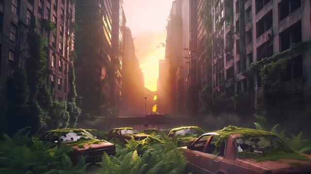 Destroyed ruins abandoned buildings apocalypse scene of city. A vivid portrayal of a cityscape during what appears to be either dawn or dusk, with the sun casting a warm.