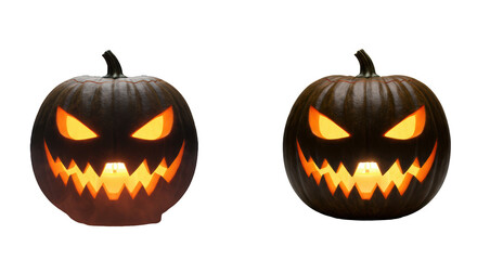 Naklejka premium Dark jack-o'-lantern gourd, menacingly carved with vivid orange glowing evil eyes & jagged teeth, presented as a diptych; left: smoky background, cinematic light; right: transparent studio Versatile