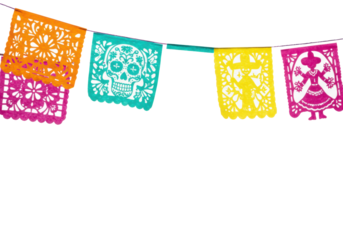 Mexican papel picado, vibrant, intricate with floral, skull, cactus, dancer cutouts, diagonally suspended on a white background with copy space, concept of Mexican cultural celebration