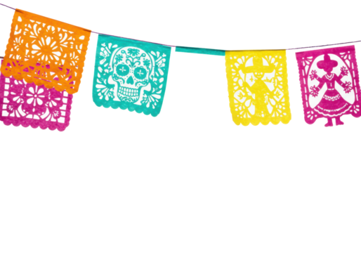 Mexican papel picado, vibrant, intricate with floral, skull, cactus, dancer cutouts, diagonally suspended on a white background with copy space, concept of Mexican cultural celebration
