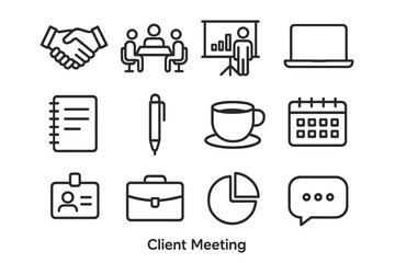 Client Meeting Icons. Client Meeting. Line icon set of Client Meeting: handshake, conference table, presentation screen, laptop, notepad, pen, coffee cup,