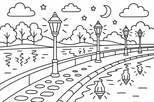 Evening River Walk. Evening lights on the embankment children?s coloring book illustration, outlined drawing, glowing streetlamps along a calm river path with