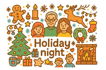 Christmas Doodle Illustration. Holiday night. Hand-drawn doodle illustration of Holiday night. Christmas tree,