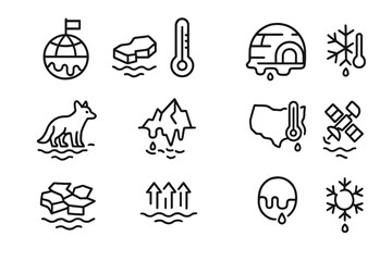 Fototapeta premium Arctic Melting Icons. Arctic melting. Line outline icon set of Arctic melting: North Pole globe, ice floe