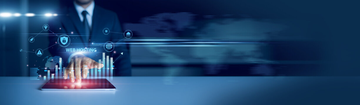 Businessman using tablet analyzing web hosting and growth graph chart, server uptime, bandwidth usage, data security, online infrastructure growth.