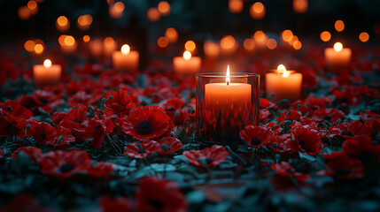 Respectful calm atmosphere close up lit candles poppies war memorial Remembrance Day vigil detailed light effects tribute