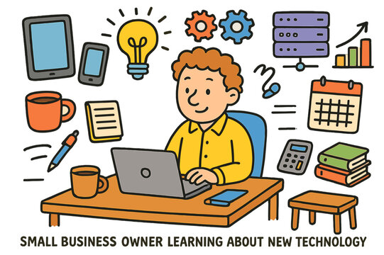 Tech-Savvy Business Owner. small business owner learning about new technology. Colorful Hand-drawn doodle Children illustration small business owner learning