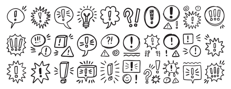 Hand drawn exclamation mark doodle speech bubbles set. Comic chat balloon collection. Sketch style communication elements vector