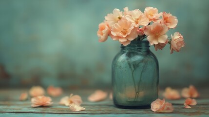 Delicate pink blooms arranged in a vintage jar evoke tranquility, positioned on weathered wood with scattered petals
