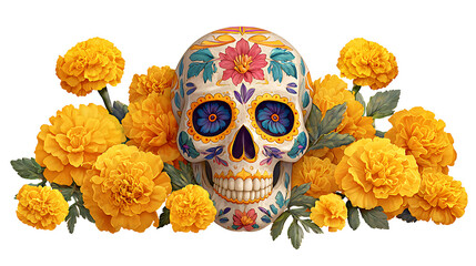colorful sugar skull with marigold petals around isolated on white background
