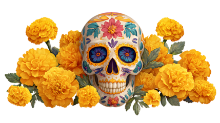 colorful sugar skull with marigold petals around isolated on white background