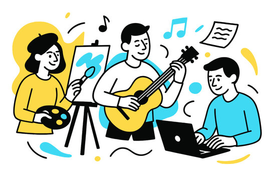 Creative Harmony. artistic expression. Paintbrushes and canvases, vibrant colors and bold strokes, a world of creativity and imagination. Musicians playing