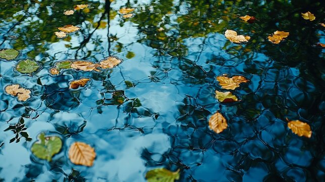 Golden leaves drift gracefully on calm water, reflecting the vibrant hues of autumn in a peaceful environment