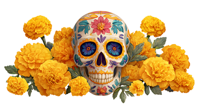 colorful sugar skull with marigold petals around isolated on white background