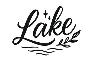 Serene Lake Script. Script Hand-Lettering ? "Lake" in flowing brush script, semi-cursive with fluid strokes, slight upward tilt to convey calm and serenity,