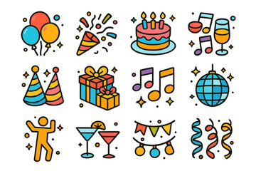 Celebration Icon Set. Celebration. Colorful isometric vector icons set of celebration: balloons, confetti, cake, drinks, party hats, gift boxes, music notes,