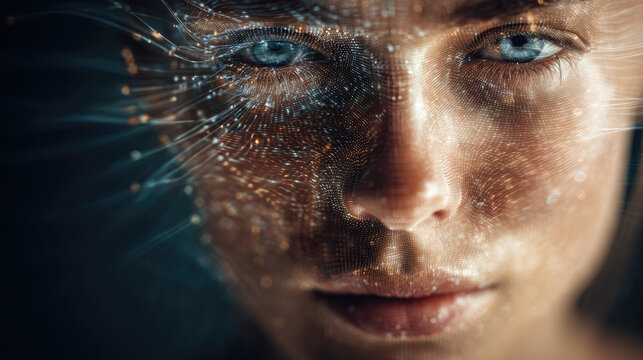 Modern portrait of person with transparent face blending human skin and data flow, symbol of hybrid creativity and technology