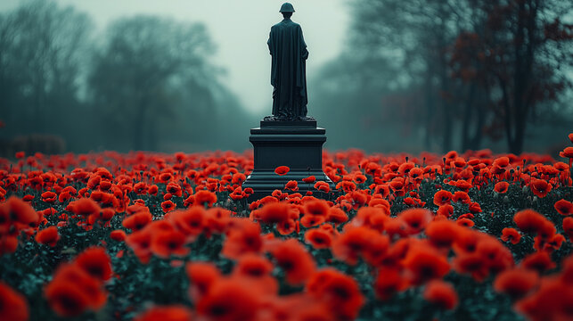 Calm respectful Remembrance Day war memorial with red poppies soft muted colors open space for tribute or message