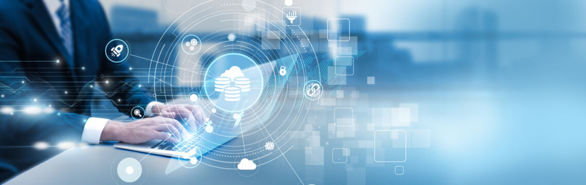 Data analyst examining big data trends on laptop, visualization dashboard, predictive analytics, and digital transformation metrics. - Powered by Adobe