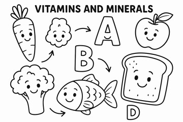 Nutritional Coloring Fun. Vitamins and minerals children?s coloring book illustration, outlined drawing, smiling letter icons like A, B, C, D next to friendly