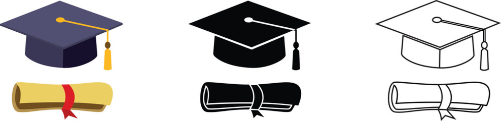 Graduation cap with diploma Icon set color, line art, shaded, and silhouette versions vector Illustration. © Hanan
