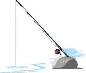 Vector Illustration of Fishing Rod Resting on Rock by Water Isolated Object Graphic