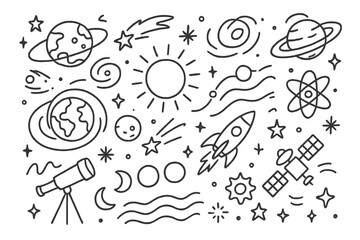 Cosmic Motions Doodle. Planets and cosmic motion. Hand-drawn doodle illustration Planets and cosmic motion orbit lines, planet rings, sun, comet, shooting