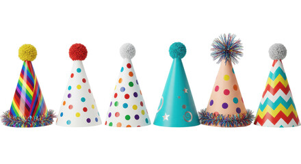 Six distinctive party hats with diverse designs (rainbow, polka dots, stars, geometric) and festive toppers, neatly arranged on a transparent background with copy space, celebratory party
