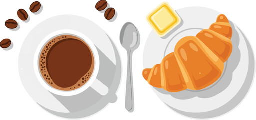 Overhead View of Classic Breakfast Hot Coffee and Buttered Croissant with Beans