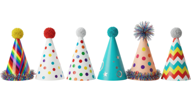 Six distinctive party hats with diverse designs (rainbow, polka dots, stars, geometric) and festive toppers, neatly arranged on a transparent background with copy space, celebratory party