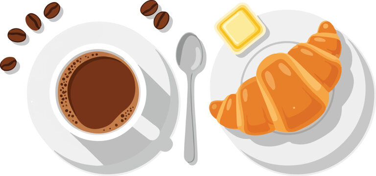 Overhead View of Classic Breakfast Hot Coffee and Buttered Croissant with Beans